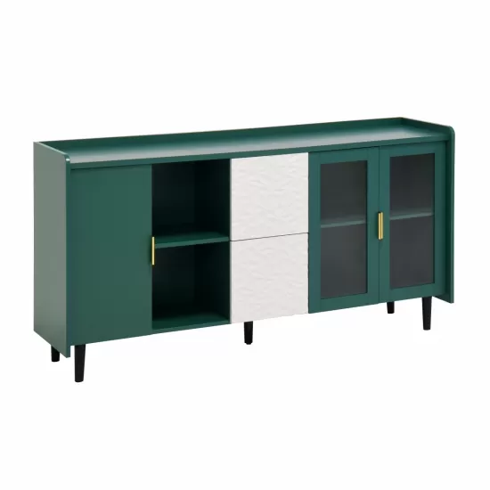Modern Kitchen Pantry Storage Cabinet , 55 Inch Coffee Bar Storage Cabinet with 2 Drawers, 2 Open Storage Compartment & 2 Glass Doors, Wood Buffet Table for Kitchen, Living Room, Green Modern Kitchen Pantry Storage Cabinet , 55 Inch Coffee Bar Storage Cabinet with 2 Drawers, 2 Open Storage Compartment & 2 Glass Doors, Wood Buffet Table for Kitchen, Living Room, Green