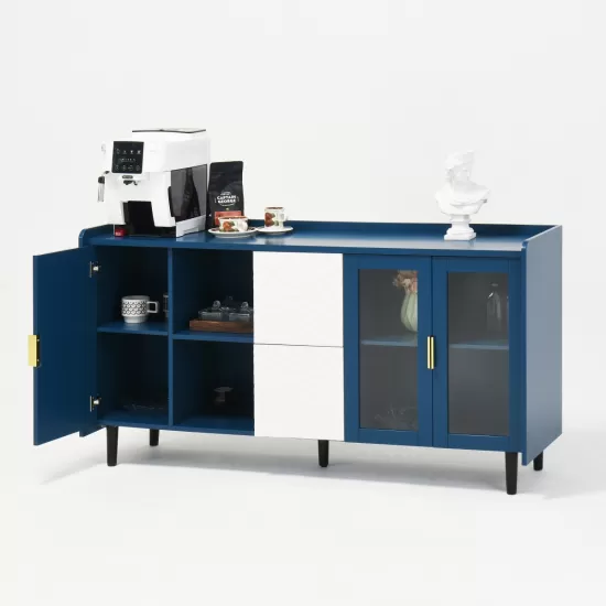 Modern Kitchen Pantry Storage Cabinet , 55 Inch Coffee Bar Storage Cabinet with 2 Drawers, 2 Open Storage Compartment & 2 Glass Doors, Wood Buffet Table for Kitchen, Living Room, Blue Modern Kitchen Pantry Storage Cabinet , 55 Inch Coffee Bar Storage Cabinet with 2 Drawers, 2 Open Storage Compartment & 2 Glass Doors, Wood Buffet Table for Kitchen, Living Room, Blue