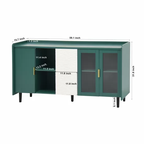 Modern Kitchen Pantry Storage Cabinet , 55 Inch Coffee Bar Storage Cabinet with 2 Drawers, 2 Open Storage Compartment & 2 Glass Doors, Wood Buffet Table for Kitchen, Living Room, Green Modern Kitchen Pantry Storage Cabinet , 55 Inch Coffee Bar Storage Cabinet with 2 Drawers, 2 Open Storage Compartment & 2 Glass Doors, Wood Buffet Table for Kitchen, Living Room, Green