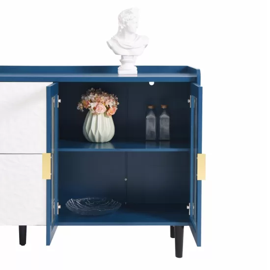 Modern Kitchen Pantry Storage Cabinet , 55 Inch Coffee Bar Storage Cabinet with 2 Drawers, 2 Open Storage Compartment & 2 Glass Doors, Wood Buffet Table for Kitchen, Living Room, Blue Modern Kitchen Pantry Storage Cabinet , 55 Inch Coffee Bar Storage Cabinet with 2 Drawers, 2 Open Storage Compartment & 2 Glass Doors, Wood Buffet Table for Kitchen, Living Room, Blue