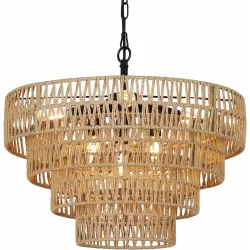 Boho Rattan Chandelier, 6-Light Dining Room Light Fixture, Wicker Pendant Lighting with 4-Tier Woven Lampshade, Large Farmhouse Chandeliers for Dining Room Bedroom Kitchen Living Room(20 Inch)