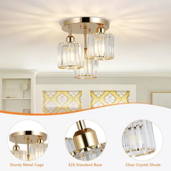 Modern Semi Flush Mount Ceiling Light,3-Light Crystal Close to Ceiling Light Fixtures,Golden Kitchen Light Fixtures with Clear Crystal Shade,Hallway Light Fixtures for Hallway Bedroom Bathroom Modern Semi Flush Mount Ceiling Light,3-Light Crystal Close to Ceiling Light Fixtures,Golden Kitchen Light Fixtures with Clear Crystal Shade,Hallway Light Fixtures for Hallway Bedroom Bathroom
