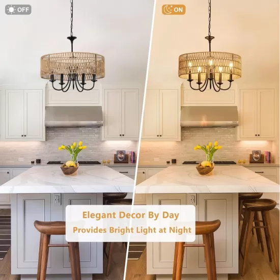 Modern Farmhouse Chandelier Light Fixtures, 5-Lights Large Rattan Pendant Lighting with Hand Woven Wicker Shade, Boho Black Chandeliers for Dining Room Living Room Kitchen Island Bedroom Modern Farmhouse Chandelier Light Fixtures, 5-Lights Large Rattan Pendant Lighting with Hand Woven Wicker Shade, Boho Black Chandeliers for Dining Room Living Room Kitchen Island Bedroom