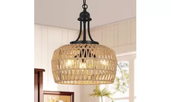 Farmhouse Chandelier: Boho Rattan 3-Light Pendant for Dining Room & Kitchen