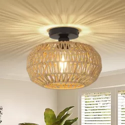 Rattan Light Fixtures Ceiling Mount,Boho Ceiling Light Fixture with Dimmable LED Bulb?Mini Hand Woven Rattan Chandelier Light Fixtures Ceiling for Bedroom Kitchen Entryway Living Room Hallway