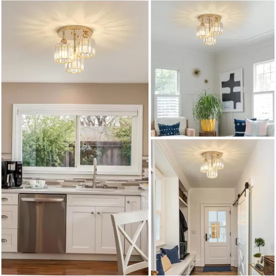 Modern Semi Flush Mount Ceiling Light,3-Light Crystal Close to Ceiling Light Fixtures,Golden Kitchen Light Fixtures with Clear Crystal Shade,Hallway Light Fixtures for Hallway Bedroom Bathroom Modern Semi Flush Mount Ceiling Light,3-Light Crystal Close to Ceiling Light Fixtures,Golden Kitchen Light Fixtures with Clear Crystal Shade,Hallway Light Fixtures for Hallway Bedroom Bathroom