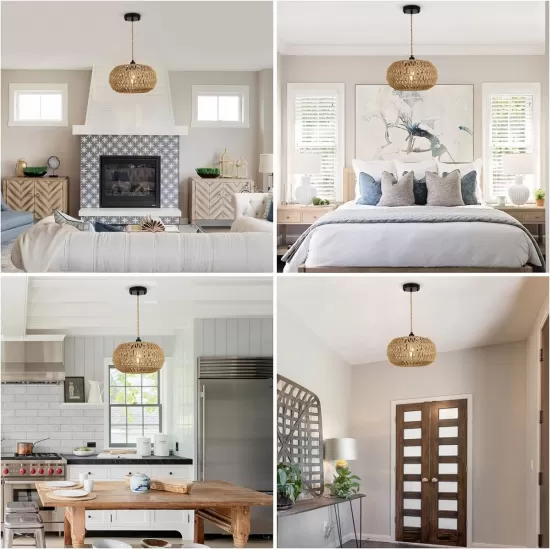 Farmhouse LED Rattan Pendant Lights, Boho Chandelier Light Fixture, Rustic Wicker Hand Woven Rope Cage Basket Pendant Hanging for Dining Room Living Room Kitchen Bedroom Nursery Foyer Hallway Entryway Farmhouse LED Rattan Pendant Lights, Boho Chandelier Light Fixture, Rustic Wicker Hand Woven Rope Cage Basket Pendant Hanging for Dining Room Living Room Kitchen Bedroom Nursery Foyer Hallway Entryway