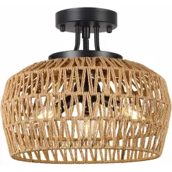 Semi Flush Mount Ceiling Light, Rattan Light Fixture Ceiling Mount with Handmade Wicker Lampshade, 3-Lights Boho Chandelier, Woven Close to Ceiling Light for Bedroom Hallway Living Room Kitchen