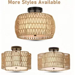 Boho Light Fixtures Ceiling Mount, Rattan Semi Flush Mount Ceiling Light, Farmhouse Light Fixtures with Fabric Shades, Kitchen Close to Ceiling Light Fixtures for Living Room Bedroom Hallway
