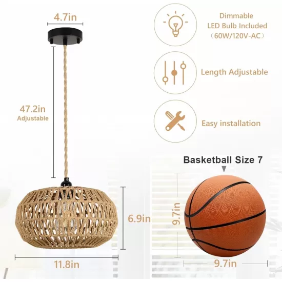 Farmhouse LED Rattan Pendant Lights, Boho Chandelier Light Fixture, Rustic Wicker Hand Woven Rope Cage Basket Pendant Hanging for Dining Room Living Room Kitchen Bedroom Nursery Foyer Hallway Entryway Farmhouse LED Rattan Pendant Lights, Boho Chandelier Light Fixture, Rustic Wicker Hand Woven Rope Cage Basket Pendant Hanging for Dining Room Living Room Kitchen Bedroom Nursery Foyer Hallway Entryway