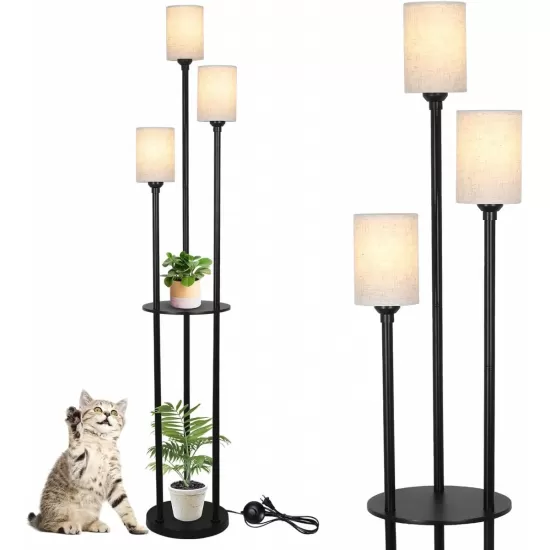 Floor Lamp with Shelves, Modern Floor Lamps for Living Room, 3-Lights Standing Lamp with Linen Shade and Foot Switch, Industrial Standing Lamps for Bedroom, Black Tall Table Lamp for Office