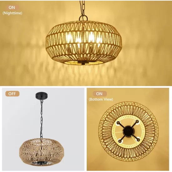 Farmhouse Rattan Pendant Lights, 15.7 Inch 4-Light Boho Chandelier Light Fixture, Wicker Hand Woven Basket Pendant Hanging for Dining Room Living Room Kitchen Island Bedroom Foyer, Height Adjustable Farmhouse Rattan Pendant Lights, 15.7 Inch 4-Light Boho Chandelier Light Fixture, Wicker Hand Woven Basket Pendant Hanging for Dining Room Living Room Kitchen Island Bedroom Foyer, Height Adjustable