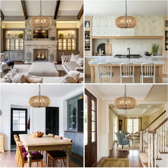 Farmhouse Rattan Pendant Lights, 15.7 Inch 4-Light Boho Chandelier Light Fixture, Wicker Hand Woven Basket Pendant Hanging for Dining Room Living Room Kitchen Island Bedroom Foyer, Height Adjustable Farmhouse Rattan Pendant Lights, 15.7 Inch 4-Light Boho Chandelier Light Fixture, Wicker Hand Woven Basket Pendant Hanging for Dining Room Living Room Kitchen Island Bedroom Foyer, Height Adjustable