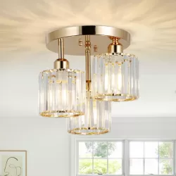 Modern Semi Flush Mount Ceiling Light,3-Light Crystal Close to Ceiling Light Fixtures,Golden Kitchen Light Fixtures with Clear Crystal Shade,Hallway Light Fixtures for Hallway Bedroom Bathroom