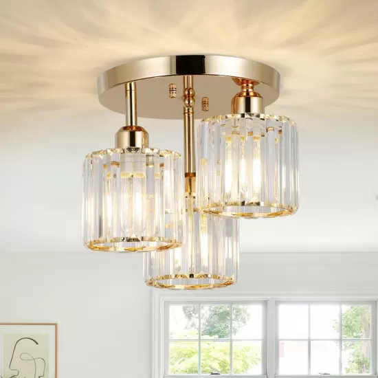 Modern Semi Flush Mount Ceiling Light,3-Light Crystal Close to Ceiling Light Fixtures,Golden Kitchen Light Fixtures with Clear Crystal Shade,Hallway Light Fixtures for Hallway Bedroom Bathroom Modern Semi Flush Mount Ceiling Light,3-Light Crystal Close to Ceiling Light Fixtures,Golden Kitchen Light Fixtures with Clear Crystal Shade,Hallway Light Fixtures for Hallway Bedroom Bathroom