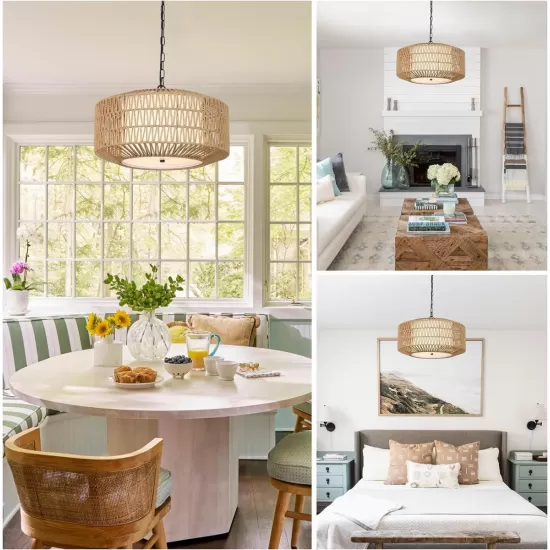 Farmhouse Chandelier Light Fixture,4-Light Rattan Boho Chandeliers for Dining Room with Fabric Shade,Hand Woven Large Rattan Dining Room Light Fixture for Kitchen Bedroom Island Hallway Farmhouse Chandelier Light Fixture,4-Light Rattan Boho Chandeliers for Dining Room with Fabric Shade,Hand Woven Large Rattan Dining Room Light Fixture for Kitchen Bedroom Island Hallway