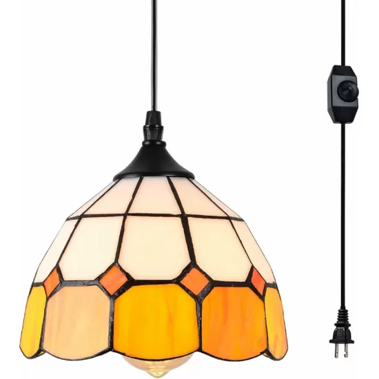 Tiffany Hanging Pendant Light - Dimmable Mini Plug in Light Fixture, Perfect Vintage Swag Ceiling Lamp for Dining Room, Bedroom or Porch,16.4 Ft Hanging Cord, 7.9 Inch Width Tiffany Hanging Pendant Light - Dimmable Mini Plug in Light Fixture, Perfect Vintage Swag Ceiling Lamp for Dining Room, Bedroom or Porch,16.4 Ft Hanging Cord, 7.9 Inch Width