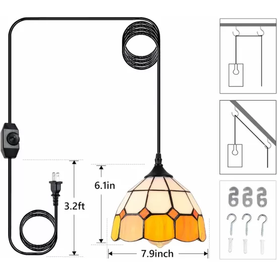 Tiffany Hanging Pendant Light - Dimmable Mini Plug in Light Fixture, Perfect Vintage Swag Ceiling Lamp for Dining Room, Bedroom or Porch,16.4 Ft Hanging Cord, 7.9 Inch Width Tiffany Hanging Pendant Light - Dimmable Mini Plug in Light Fixture, Perfect Vintage Swag Ceiling Lamp for Dining Room, Bedroom or Porch,16.4 Ft Hanging Cord, 7.9 Inch Width