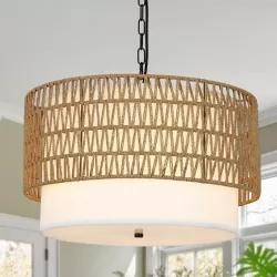 Farmhouse Chandeliers for Dining Room,5-Light Rattan Boho Chandelier Light Fixture with Fabric Shade,Hand Woven Large Rattan Dining Room Light Fixture for Kitchen Bedroom Island Hallway