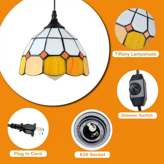 Tiffany Hanging Pendant Light - Dimmable Mini Plug in Light Fixture, Perfect Vintage Swag Ceiling Lamp for Dining Room, Bedroom or Porch,16.4 Ft Hanging Cord, 7.9 Inch Width Tiffany Hanging Pendant Light - Dimmable Mini Plug in Light Fixture, Perfect Vintage Swag Ceiling Lamp for Dining Room, Bedroom or Porch,16.4 Ft Hanging Cord, 7.9 Inch Width