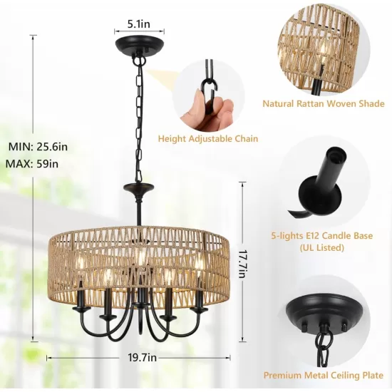 Modern Farmhouse Chandelier Light Fixtures, 5-Lights Large Rattan Pendant Lighting with Hand Woven Wicker Shade, Boho Black Chandeliers for Dining Room Living Room Kitchen Island Bedroom Modern Farmhouse Chandelier Light Fixtures, 5-Lights Large Rattan Pendant Lighting with Hand Woven Wicker Shade, Boho Black Chandeliers for Dining Room Living Room Kitchen Island Bedroom