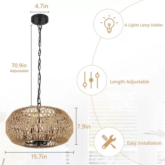 Farmhouse Rattan Pendant Lights, 15.7 Inch 4-Light Boho Chandelier Light Fixture, Wicker Hand Woven Basket Pendant Hanging for Dining Room Living Room Kitchen Island Bedroom Foyer, Height Adjustable Farmhouse Rattan Pendant Lights, 15.7 Inch 4-Light Boho Chandelier Light Fixture, Wicker Hand Woven Basket Pendant Hanging for Dining Room Living Room Kitchen Island Bedroom Foyer, Height Adjustable