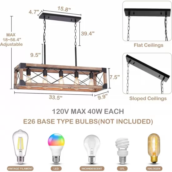 Farmhouse Kitchen Island Lighting, 5-Light Dining Room Light Fixture, Farmhouse Linear Chandelier with Solid Wood for Dining Room Kitchen Bar Pool Table Farmhouse Kitchen Island Lighting, 5-Light Dining Room Light Fixture, Farmhouse Linear Chandelier with Solid Wood for Dining Room Kitchen Bar Pool Table