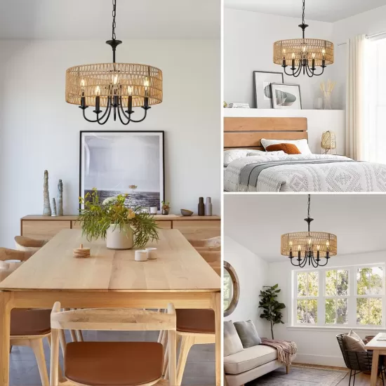 Modern Farmhouse Chandelier Light Fixtures, 5-Lights Large Rattan Pendant Lighting with Hand Woven Wicker Shade, Boho Black Chandeliers for Dining Room Living Room Kitchen Island Bedroom Modern Farmhouse Chandelier Light Fixtures, 5-Lights Large Rattan Pendant Lighting with Hand Woven Wicker Shade, Boho Black Chandeliers for Dining Room Living Room Kitchen Island Bedroom