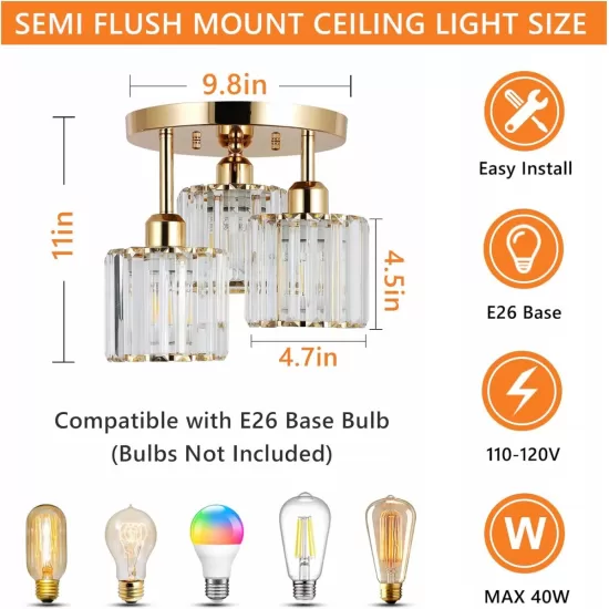 Modern Semi Flush Mount Ceiling Light,3-Light Crystal Close to Ceiling Light Fixtures,Golden Kitchen Light Fixtures with Clear Crystal Shade,Hallway Light Fixtures for Hallway Bedroom Bathroom Modern Semi Flush Mount Ceiling Light,3-Light Crystal Close to Ceiling Light Fixtures,Golden Kitchen Light Fixtures with Clear Crystal Shade,Hallway Light Fixtures for Hallway Bedroom Bathroom