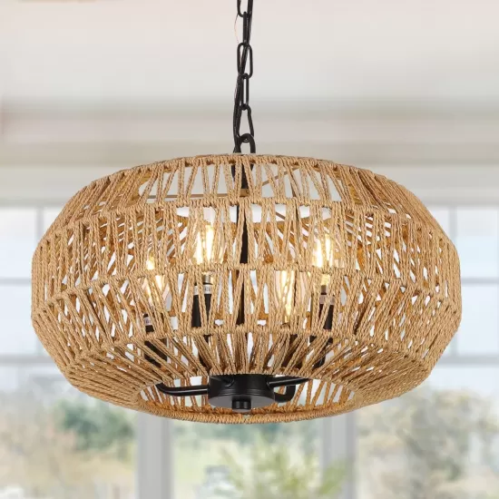 Farmhouse Rattan Pendant Lights, 15.7 Inch 4-Light Boho Chandelier Light Fixture, Wicker Hand Woven Basket Pendant Hanging for Dining Room Living Room Kitchen Island Bedroom Foyer, Height Adjustable Farmhouse Rattan Pendant Lights, 15.7 Inch 4-Light Boho Chandelier Light Fixture, Wicker Hand Woven Basket Pendant Hanging for Dining Room Living Room Kitchen Island Bedroom Foyer, Height Adjustable