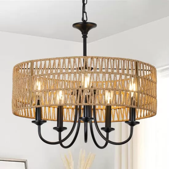 Modern Farmhouse Chandelier Light Fixtures, 5-Lights Large Rattan Pendant Lighting with Hand Woven Wicker Shade, Boho Black Chandeliers for Dining Room Living Room Kitchen Island Bedroom Modern Farmhouse Chandelier Light Fixtures, 5-Lights Large Rattan Pendant Lighting with Hand Woven Wicker Shade, Boho Black Chandeliers for Dining Room Living Room Kitchen Island Bedroom