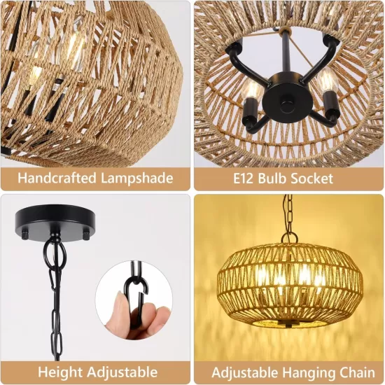 Farmhouse Rattan Pendant Lights, 15.7 Inch 4-Light Boho Chandelier Light Fixture, Wicker Hand Woven Basket Pendant Hanging for Dining Room Living Room Kitchen Island Bedroom Foyer, Height Adjustable Farmhouse Rattan Pendant Lights, 15.7 Inch 4-Light Boho Chandelier Light Fixture, Wicker Hand Woven Basket Pendant Hanging for Dining Room Living Room Kitchen Island Bedroom Foyer, Height Adjustable