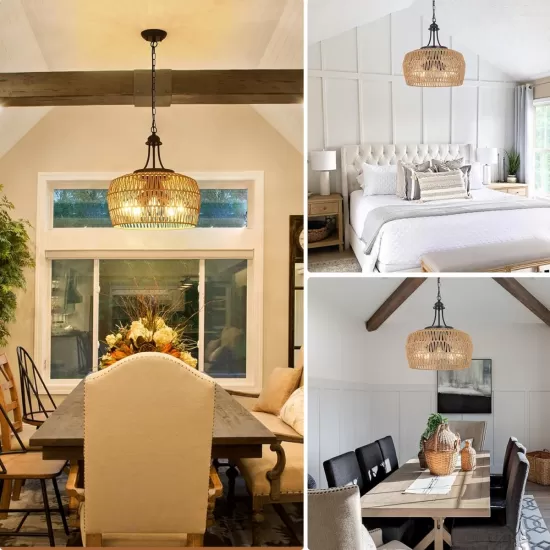 Large Farmhouse Chandeliers for Dining Room, 5-Light Rattan Boho Chandelier Light Fixture with Wicker Lampshade, Coastal Hanging Pendant Lighting for Kitchen Island Bedroom Living Room Nursery Large Farmhouse Chandeliers for Dining Room, 5-Light Rattan Boho Chandelier Light Fixture with Wicker Lampshade, Coastal Hanging Pendant Lighting for Kitchen Island Bedroom Living Room Nursery
