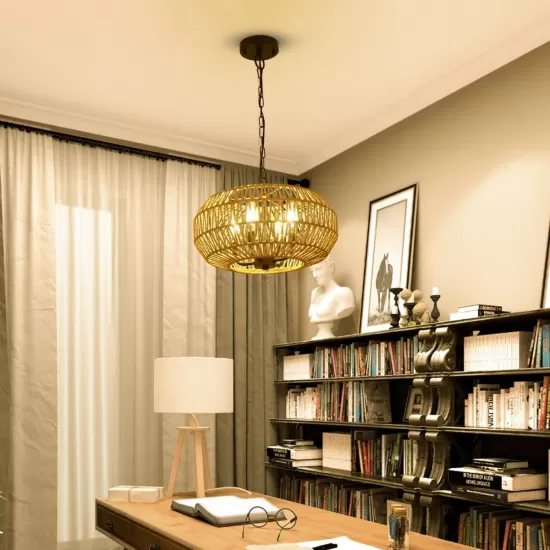 Farmhouse Rattan Pendant Lights, 15.7 Inch 4-Light Boho Chandelier Light Fixture, Wicker Hand Woven Basket Pendant Hanging for Dining Room Living Room Kitchen Island Bedroom Foyer, Height Adjustable Farmhouse Rattan Pendant Lights, 15.7 Inch 4-Light Boho Chandelier Light Fixture, Wicker Hand Woven Basket Pendant Hanging for Dining Room Living Room Kitchen Island Bedroom Foyer, Height Adjustable