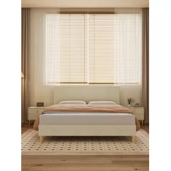 Queen size bed, Cotton Linen Fabric, Simple Style, Stable Structure, Easy to Install, Light Gray