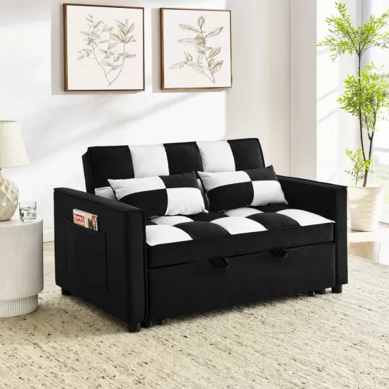 modern velvet loveseat sofa couch pull out bed,3 in one convertible for living room sofa bed,black white modern velvet loveseat sofa couch pull out bed,3 in one convertible for living room sofa bed,black white