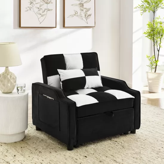modern velvet armchair sofa couch pull out bed,3 in one convertible for living room sofa bed,black white modern velvet armchair sofa couch pull out bed,3 in one convertible for living room sofa bed,black white