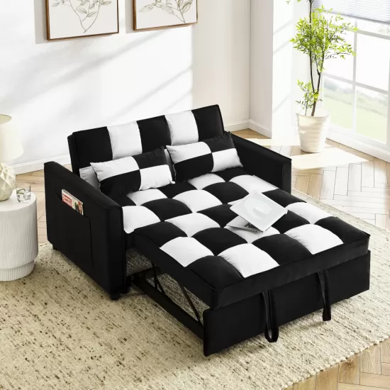 modern velvet loveseat sofa couch pull out bed,3 in one convertible for living room sofa bed,black white modern velvet loveseat sofa couch pull out bed,3 in one convertible for living room sofa bed,black white