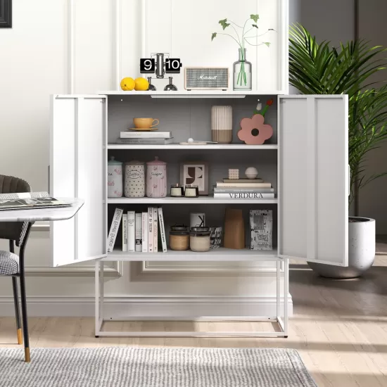 Heavy Duty Metal Buffet Sideboard Modern Steel Storage Cabinet with 2 Shelves, Free Standing Accent Cabinet with Magnetic Doors for Bedroom, Kitchen, and Home Office, Anti-Tip Design Easy Assemble Heavy Duty Metal Buffet Sideboard Modern Steel Storage Cabinet with 2 Shelves, Free Standing Accent Cabinet with Magnetic Doors for Bedroom, Kitchen, and Home Office, Anti-Tip Design Easy Assemble