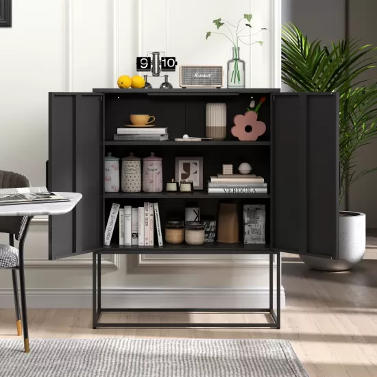 Heavy Duty Metal Buffet Sideboard Modern Steel Storage Cabinet with 2 Shelves, Free Standing Accent Cabinet with Magnetic Doors for Bedroom, Kitchen, and Home Office, Anti-Tip Design Easy Assemble Heavy Duty Metal Buffet Sideboard Modern Steel Storage Cabinet with 2 Shelves, Free Standing Accent Cabinet with Magnetic Doors for Bedroom, Kitchen, and Home Office, Anti-Tip Design Easy Assemble