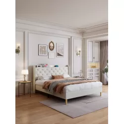 Queen Size Ded, Mesh Backboard Beautiful, With LED Lights, Cotton and Linen Fabric, Frame Stability, Easy to Assemble,Light Gray