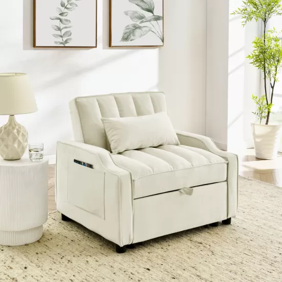 modern velvet armchair sofa couch pull out bed,3 in one convertible for living room sofa bed,beige modern velvet armchair sofa couch pull out bed,3 in one convertible for living room sofa bed,beige