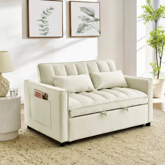 modern velvet loveseat sofa couch pull out bed,3 in one convertible for living room sofa bed,beige modern velvet loveseat sofa couch pull out bed,3 in one convertible for living room sofa bed,beige