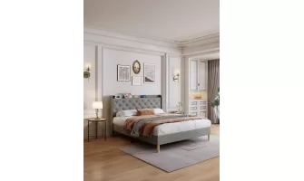 Queen Size Bed with LED Lights: Stylish and Stable Cotton Linen Fabric Design
