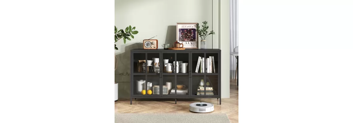 Modern Heavy Duty Metal Sideboard Buffet Cabinet with Glass Doors and Adjustable Feet for Stylish Home Storage