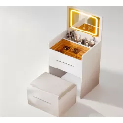 3 in 1 Vanity Desk with Plip Top Mirror,Small Make Up Vanity Set with Visible Glass Desktop,Compact Makeup Vanity with 3 Drawers,Cushioned Tool,Dressing Table for Bedroom 3 in 1 Vanity Desk with Plip Top Mirror,Small Make Up Vanity Set with Visible Glass Desktop,Compact Makeup Vanity with 3 Drawers,Cushioned Tool,Dressing Table for Bedroom