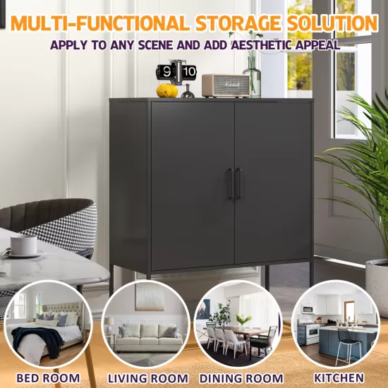 Heavy Duty Metal Buffet Sideboard Modern Steel Storage Cabinet with 2 Shelves, Free Standing Accent Cabinet with Magnetic Doors for Bedroom, Kitchen, and Home Office, Anti-Tip Design Easy Assemble Heavy Duty Metal Buffet Sideboard Modern Steel Storage Cabinet with 2 Shelves, Free Standing Accent Cabinet with Magnetic Doors for Bedroom, Kitchen, and Home Office, Anti-Tip Design Easy Assemble