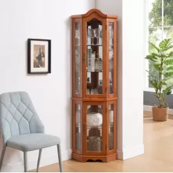 Curio Cabinet Lighted Glass Display Curio Cabinet w/Tempered Glass Doors and Shelves, Crown Corner Cabinet with Bulb, Corner Storage Decoration for Living room and Bedroom OAK