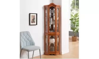 Illuminate Your Treasures: The Oak Corner Curio Cabinet with Lighted Glass Display