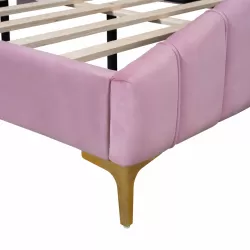 Queen Size Velvet Platform Bed with Thick Fabric, Stylish Stripe Decorated Bedboard and Elegant Metal Bed Leg, Pink